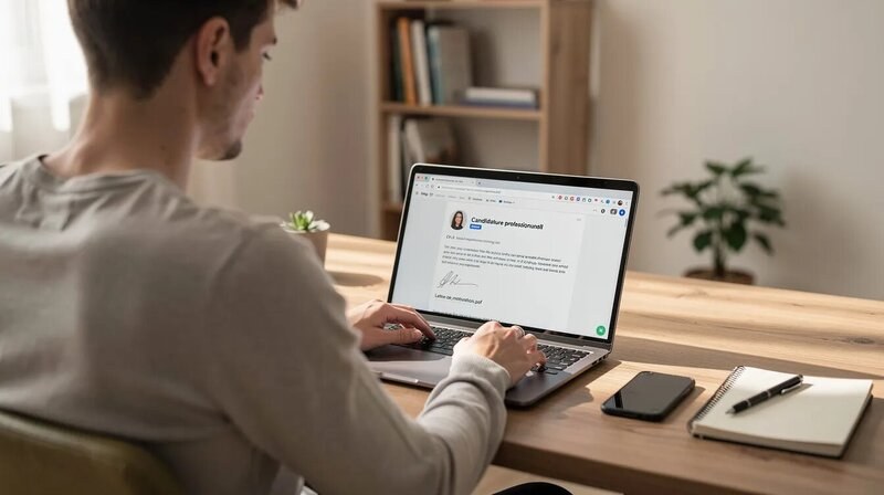 Une personne est assise devant un ordinateur, en train d'envoyer une candidature professionnelle, accompagnée d'une lettre de motivation. L'image illustre l'importance de la démarche de candidature spontanée pour décrocher un emploi.
