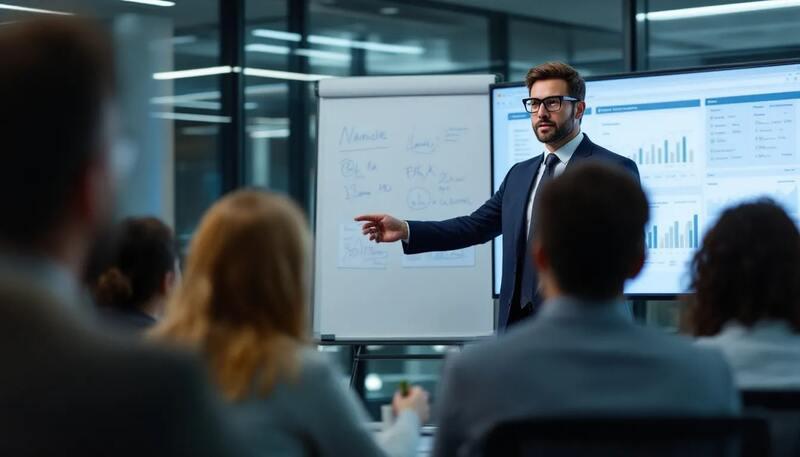 Un professionnel présente des résultats sur un grand écran lors d'une réunion d'équipe, mettant en avant des objectifs à court et long terme pour la réussite de l'entreprise. Les membres de l'équipe écoutent attentivement, illustrant l'importance de fixer des objectifs professionnels pour leur évolution de carrière.