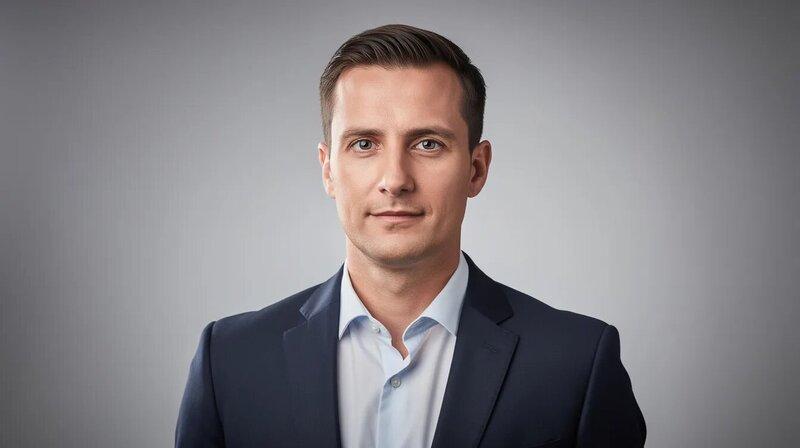 L'image montre une séance photo de portrait professionnel avec un fond neutre et un éclairage de studio, mettant en avant un candidat bien présenté. Ce type de photo est essentiel pour la mise en page d'un CV en allemand, afin d'attirer l'attention des recruteurs.