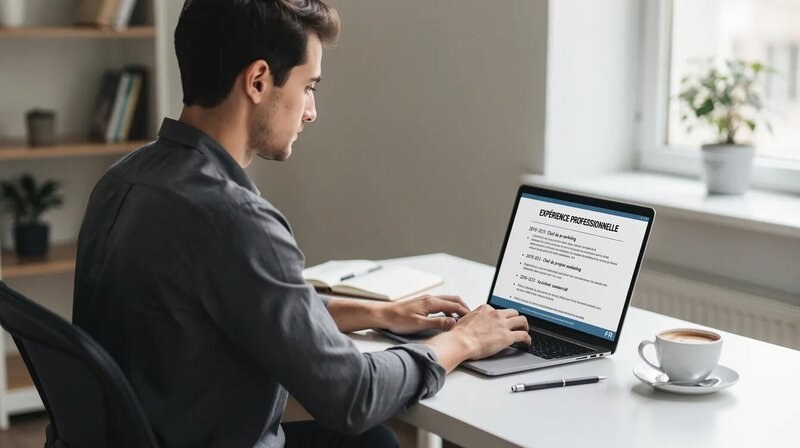 Un candidat est assis à un bureau, concentré sur la rédaction de la section expérience professionnelle de son CV, mettant en avant ses compétences techniques et comportementales. Il utilise un ordinateur portable pour structurer ses missions et ses réalisations, réfléchissant à l'impact de ses expériences sur son profil professionnel.