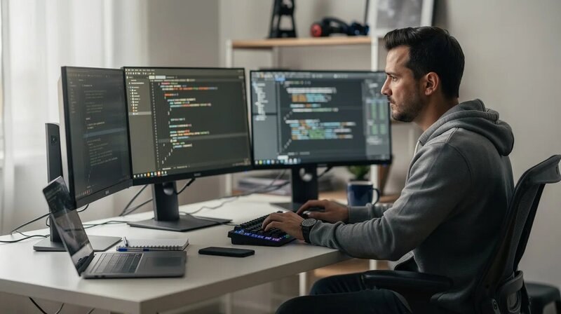 Un informaticien est assis à son bureau, concentré sur son écran d'ordinateur, entouré de divers outils et logiciels. Il travaille sur des projets de développement, utilisant ses compétences informatiques pour répondre aux exigences du marché de l'emploi dans le secteur IT.