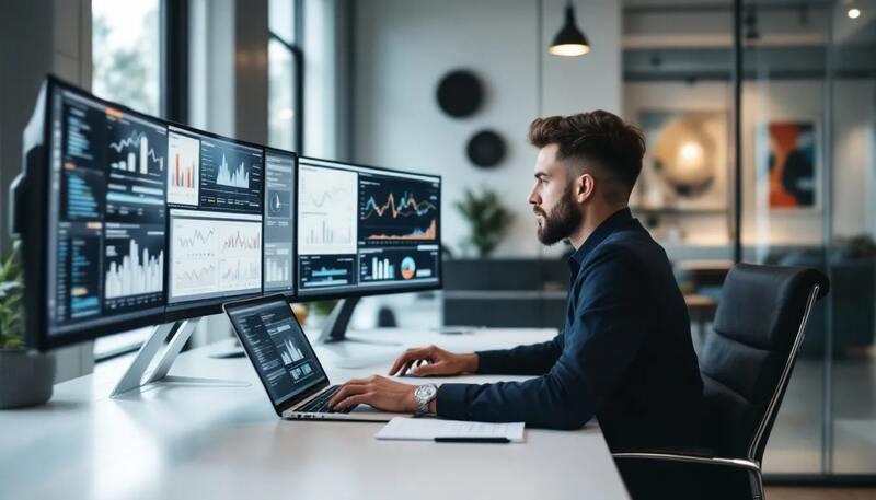 Dans un bureau moderne, un professionnel analyse des données sur plusieurs écrans, illustrant l'importance de la technologie dans le développement de sa carrière et l'atteinte de ses objectifs professionnels. Il semble concentré, entouré d'outils numériques qui l'aident à définir des objectifs à court et long terme pour sa réussite.