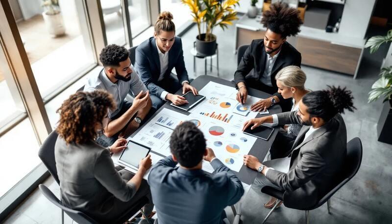 Une équipe diverse de professionnels collabore autour d'une table, examinant des graphiques de performance qui illustrent leurs objectifs à court et à long terme. Cette réunion met en lumière leurs ambitions collectives et les étapes nécessaires pour atteindre le succès dans leur domaine.