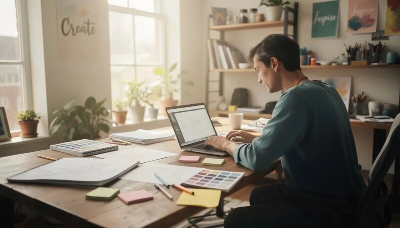 Une personne est assise à un bureau dans un espace de travail créatif, concentrée sur son ordinateur portable. Des partitions de musique classique et des notes sont éparpillées autour d'elle, témoignant de son rôle de professeur de musique ou de musicien en pleine création.