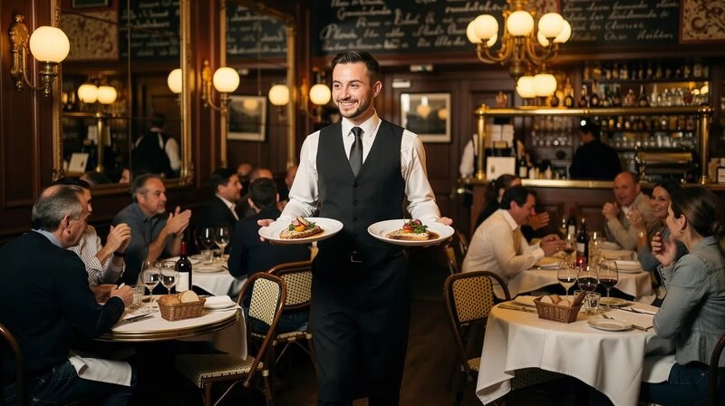Un serveur de restaurant professionnel porte des assiettes dans une brasserie française animée, baignée d'une lumière chaleureuse. L'ambiance est conviviale, avec des clients appréciant leur repas dans cet établissement typique du secteur de la restauration.