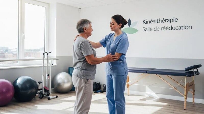 Un kinésithérapeute guide un patient dans une salle de rééducation lumineuse, utilisant des techniques adaptées pour traiter des troubles musculosquelettiques. L'environnement est accueillant, favorisant la mobilité et le bien-être des patients.