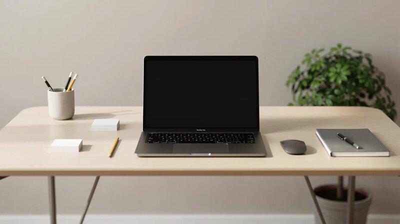 L'image montre un espace de travail moderne avec un bureau épuré, sur lequel un ordinateur portable est ouvert. Des fournitures de bureau minimalistes sont disposées autour, créant un environnement propice à la création de CV modernes et à la rédaction professionnelle.