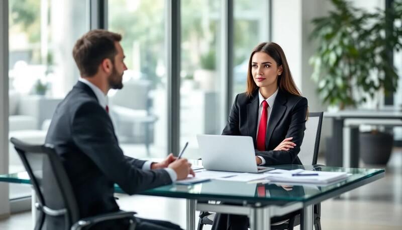 Une personne en entretien d'embauche dans un bureau moderne, affichant une attitude confiante et professionnelle. Cette scène illustre l'importance de la présentation d'un CV pour une reconversion professionnelle, mettant en avant les compétences et expériences du candidat.