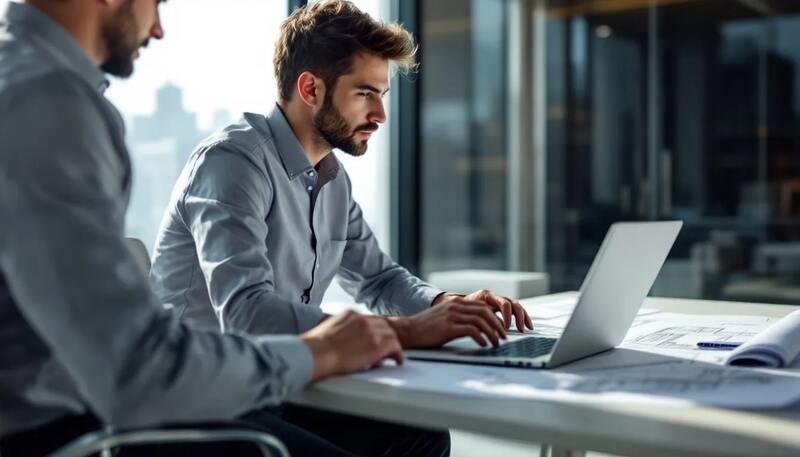 Dans l'image, un chef de projet événementiel travaille sur son ordinateur.