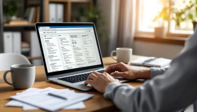 Une personne est assise à un bureau, travaillant sur un ordinateur portable entouré de documents liés à la recherche d'emploi, tels que des offres d'emploi et des CV. L'environnement de travail évoque une ambiance de concentration sur les candidatures et les stratégies d'embauche.