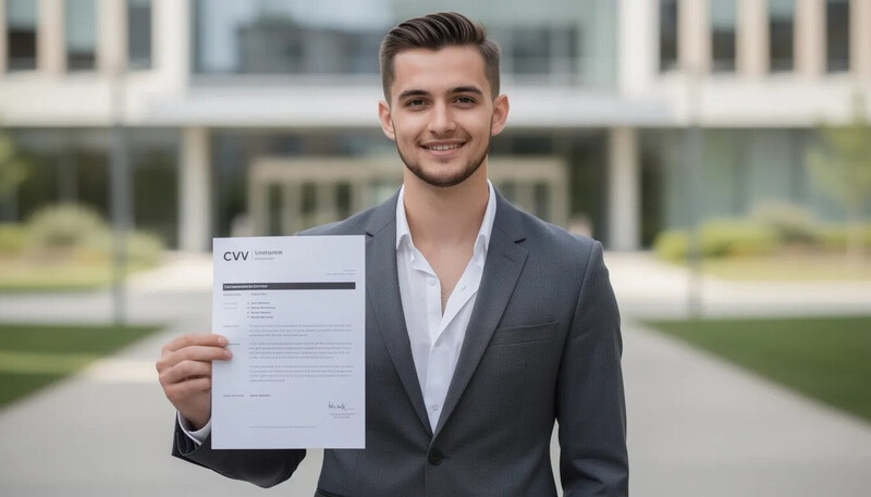 Un jeune diplômé se tient debout, tenant un CV dans la main, prêt à mettre en valeur son parcours professionnel. Son visage reflète l'enthousiasme et la détermination, symbolisant l'importance de l'expérience et des compétences dans sa recherche d'emploi.