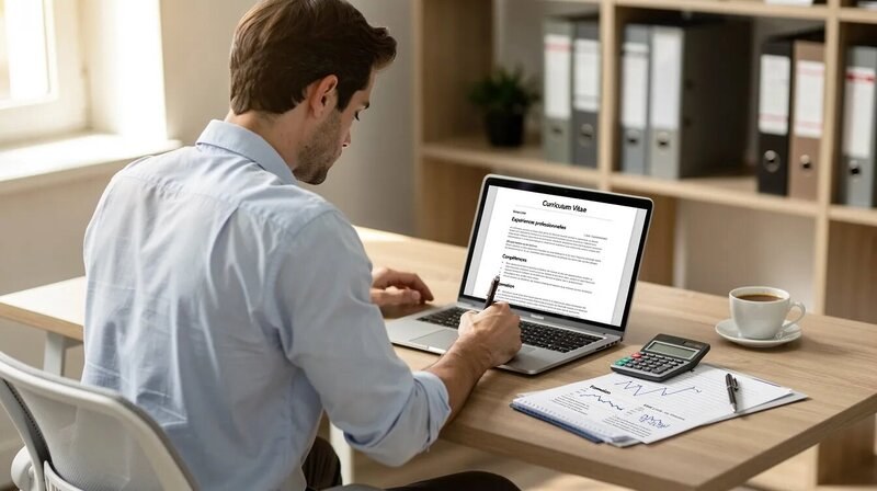 L'image montre un candidat concentré en train de rédiger son CV de comptable sur un bureau, entouré de modèles de CV et de notes sur la comptabilité. On peut voir des éléments tels que des chiffres et des conseils sur la mise en page pour optimiser sa candidature.