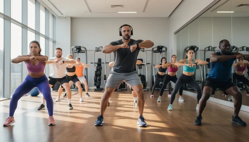 Un groupe de personnes participe à une séance de fitness collective dirigée par un coach, qui les guide à travers divers exercices. L'ambiance est dynamique et motivante, favorisant le développement personnel et l'atteinte des objectifs de chaque participant.