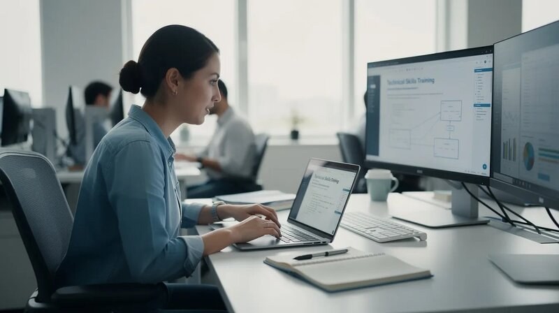 Une employée suit une formation technique pour développer ses compétences, entourée de matériel pédagogique et d'un formateur. Cette session vise à améliorer ses hard skills et à renforcer sa valeur sur le marché du travail.