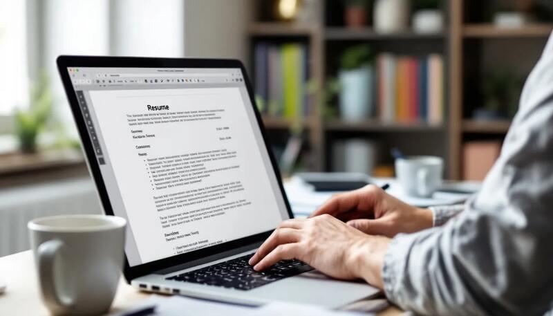 Une personne est assise à un bureau, travaillant sur son CV avec un ordinateur portable. L'écran affiche un modèle de CV, mettant en avant ses compétences et expériences professionnelles dans le secteur bancaire, tandis qu'elle prend des notes sur des conseils pour améliorer son document.