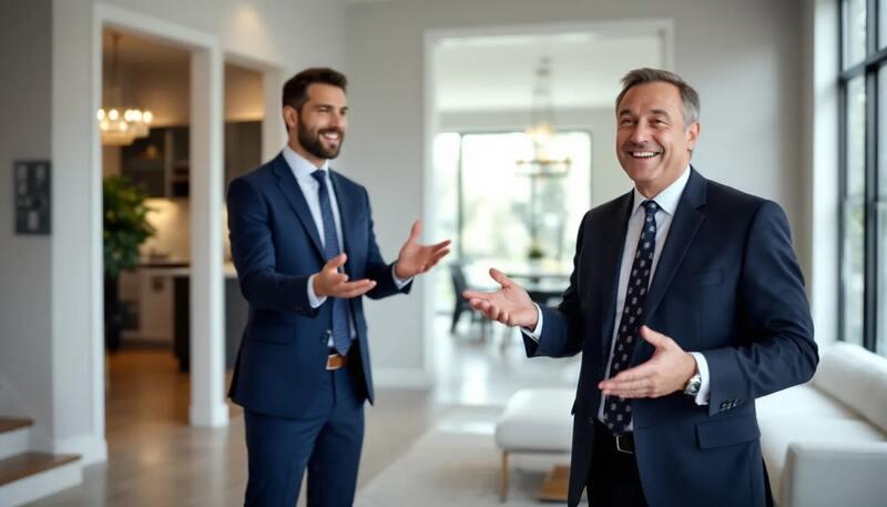 Dans l'image, un agent immobilier professionnel présente un bien immobilier lors d'une visite, mettant en avant ses compétences en gestion et en vente. L'agent, souriant et engageant, explique les caractéristiques du bien aux clients potentiels, illustrant ainsi son rôle essentiel dans le secteur immobilier.