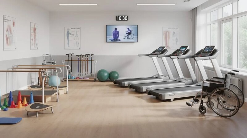 Une salle de rééducation moderne est présentée, équipée de divers appareils de mobilité et d'un tapis de marche, offrant un espace idéal pour les soins en kinésithérapie. Les patients peuvent bénéficier de traitements adaptés pour améliorer leur mobilité et leur santé, sous la supervision de professionnels tels que des masseurs kinésithérapeutes.