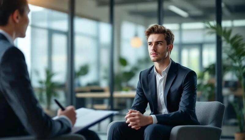 Un candidat est assis face à un coach professionnel lors d'un entretien de simulation, échangeant des conseils sur la préparation d'un entretien d'embauche. Ils discutent des questions courantes et des actions à entreprendre pour réussir dans le processus de recrutement.