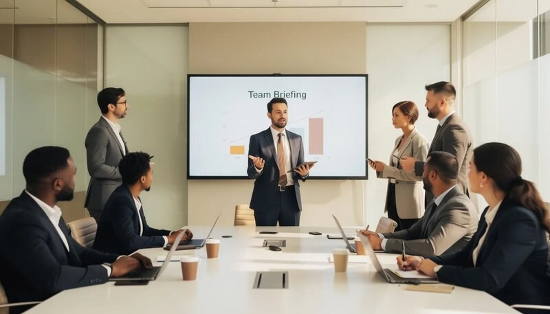 Sur cette photo, un manager, en tant que chef d'équipe, briefe son équipe avec des informations sur la mise en œuvre des objectifs de l'entreprise. On peut sentir un climat de communication et de leadership, essentiel pour la gestion efficace des opérations.