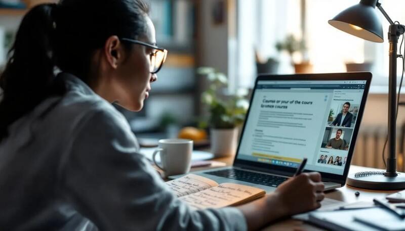 Une personne suit une formation en ligne sur son ordinateur portable, avec un carnet de notes ouvert à côté d'elle, illustrant l'acquisition de compétences techniques et comportementales pour améliorer son employabilité sur le marché du travail. Cette scène met en avant l'importance de développer des savoir-faire pour répondre aux attentes des employeurs et des recruteurs.