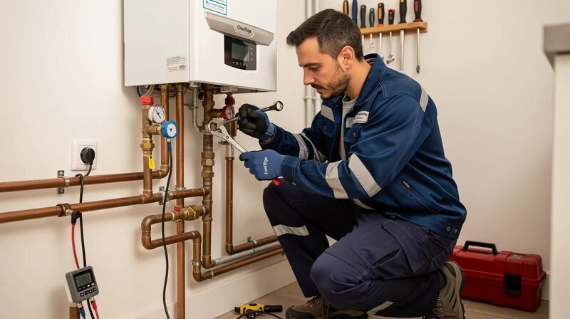 Un plombier chauffagiste est en train de travailler sur des systèmes de plomberie, vérifiant les tuyaux et les robinets pour détecter d'éventuelles fuites. Il porte des équipements de sécurité et utilise des outils spécialisés pour effectuer des réparations et des installations sanitaires.