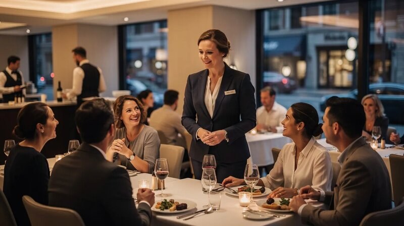 L'image montre une directrice de restaurant souriante, interagissant avec des clients assis à une table, dans un cadre chaleureux et accueillant. On peut voir des plats appétissants sur la table, illustrant le service de qualité et l'engagement de l'équipe dans le domaine de la restauration.