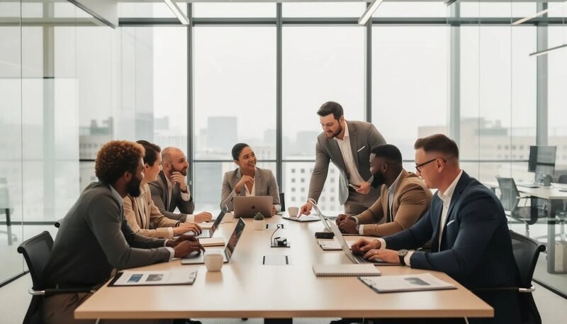 L'image montre des professionnels en pleine collaboration autour d'une table de réunion dans un bureau moderne, discutant de projets et d'idées pour une candidature efficace, comme une lettre de motivation pour un stage. L'atmosphère est dynamique et propice à l'échange d'expériences et de conseils.