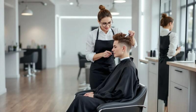 Dans l'image, un coiffeur professionnel est en train de coiffer les cheveux d'un client dans un salon de coiffure moderne, entouré d'outils de coiffure et d'un décor élégant. L'atmosphère est accueillante, mettant en avant les compétences et l'expertise du coiffeur dans le domaine de la beauté.
