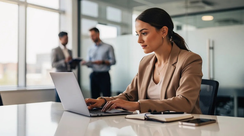 Une cheffe de projet est assise à son bureau, entourée de documents et d'un ordinateur portable, en train de planifier un projet. Elle utilise des outils de gestion de projet pour coordonner ses équipes et assurer la mise en place efficace de ses objectifs.