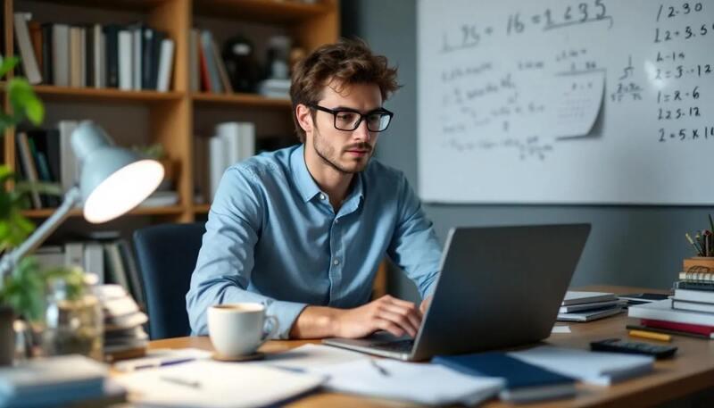 Un étudiant en finance est assis à un bureau, concentré sur ses études pour obtenir une certification. Il utilise des livres et un ordinateur portable pour approfondir ses compétences en analyse financière et en gestion des risques, essentielles pour réussir dans le secteur financier.