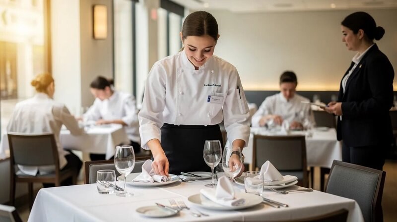 L'image montre un élève en formation dans le secteur de la restauration, concentré sur la mise en place d'une table pour le service en salle. Il porte un uniforme de serveur et semble appliquer des compétences essentielles telles que la gestion du stress et le sens du service.