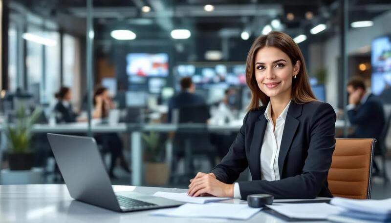 Un journaliste professionnel travaille à un bureau moderne de salle de rédaction, utilisant un ordinateur et un microphone pour couvrir l'actualité. L'image illustre les outils essentiels du métier de journaliste, mettant en avant l'importance de la recherche et de la communication dans le domaine du journalisme.