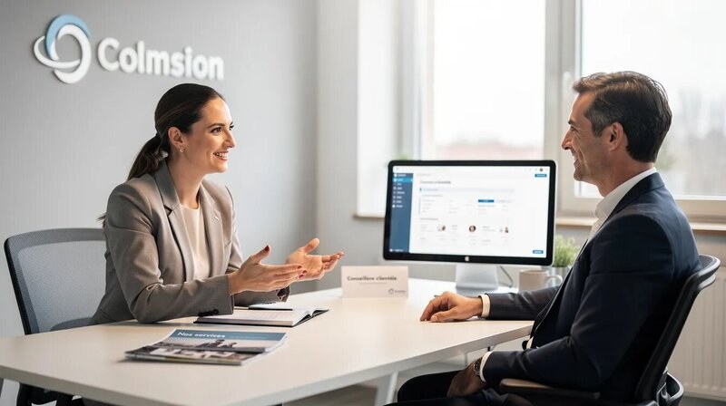 Une conseillère clientèle souriante échange avec un client, illustrant l'importance de la gestion de la relation client dans le secteur des services financiers. Cette interaction met en avant les compétences nécessaires pour un poste de conseiller clientèle, telles que l'écoute et la résolution de problèmes.