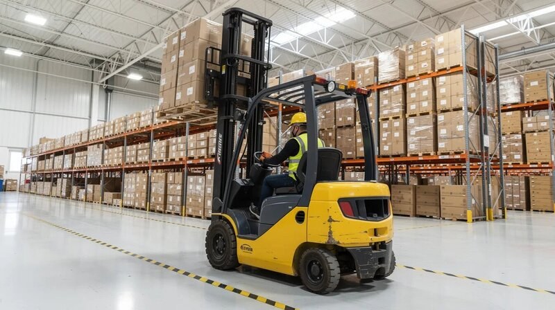Un cariste conduit un chariot élévateur dans un entrepôt de logistique bien éclairé, en manœuvrant habilement pour gérer les stocks et déplacer des marchandises. L'image illustre le métier de cariste, mettant en avant ses compétences en manutention et la sécurité lors de la conduite d'engins.