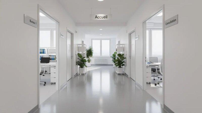L'image montre un couloir d'hôpital moderne, lumineux, avec des portes ouvertes menant à des bureaux où des psychologues cliniciens peuvent accueillir des patients. Ce cadre favorise le bien-être et la santé mentale, offrant un environnement propice aux interventions thérapeutiques.