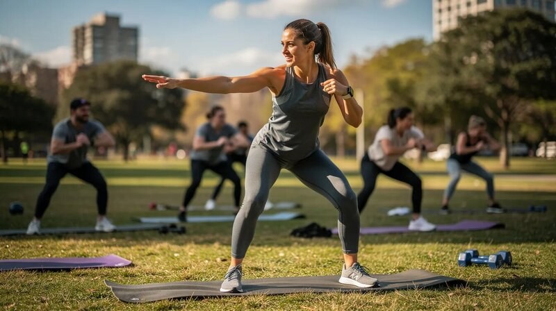 Une jeune femme est en train de donner un coaching sportif en extérieur, entourée de verdure. Elle montre des techniques d'exercice à un groupe de clients motivés, illustrant ainsi son expertise en développement personnel et en coaching.