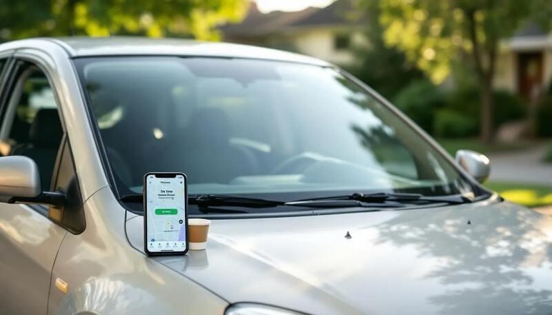 Une voiture est garée sur le bord de la route, tandis qu'une personne utilise une application de partage sur son smartphone pour organiser une location. Cette scène illustre une solution moderne pour arrondir ses fins de mois en utilisant des moyens numériques.