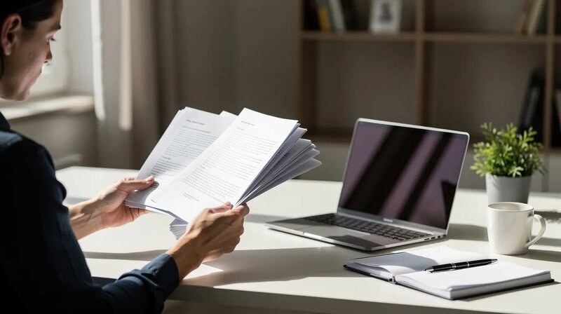 Une personne examine des documents imprimés sur un bureau propre, avec un ordinateur portable ouvert à proximité. Cette scène pourrait évoquer la préparation d'un CV pour un poste de serveur ou serveuse dans le secteur de la restauration.