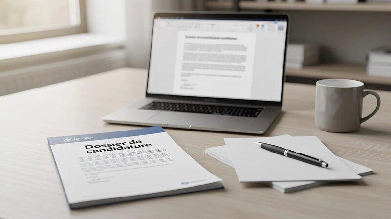 Un bureau sobre est présenté avec un ordinateur portable ouvert et un dossier de candidature professionnel, incluant des éléments essentiels pour un kinésithérapeute, tels que le CV et des conseils pour la prise en charge des patients. Ce cadre évoque la préparation à une carrière dans le secteur de la santé et la rééducation.