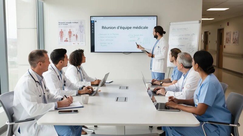 L'image montre une séance de travail en équipe dans un environnement professionnel de santé, avec plusieurs personnes autour d'une table, discutant de la prise en charge des patients en psychologie clinique. On peut sentir une atmosphère collaborative axée sur le bien-être et l'évaluation des interventions en santé mentale.