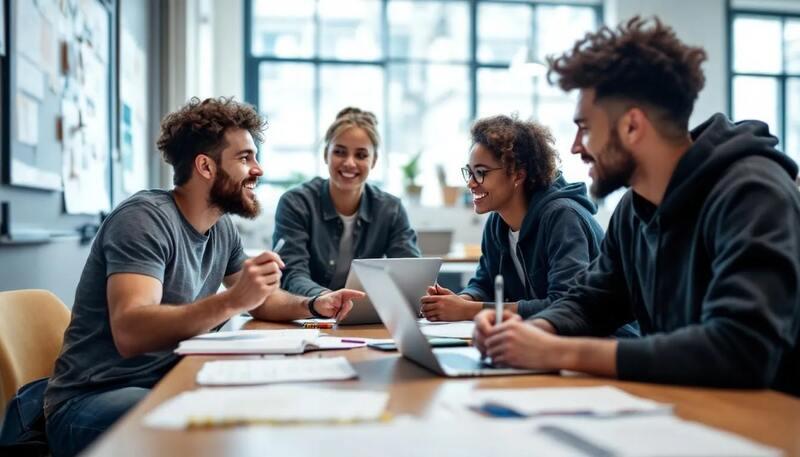 Des étudiants collaborent en équipe sur un projet, échangeant des idées et des documents, tout en mettant à jour leurs compétences pour la recherche de stages. L'atmosphère est dynamique, reflétant leur motivation à réussir dans leurs études et à préparer leur avenir professionnel.