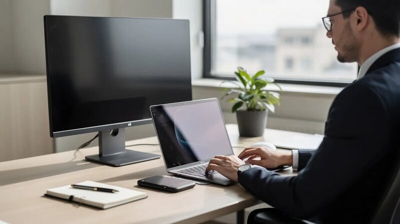 Un professionnel est assis à un bureau moderne, travaillant sur un ordinateur portable. Il démontre des compétences techniques et un savoir-faire dans un environnement de travail qui valorise la productivité et la collaboration.