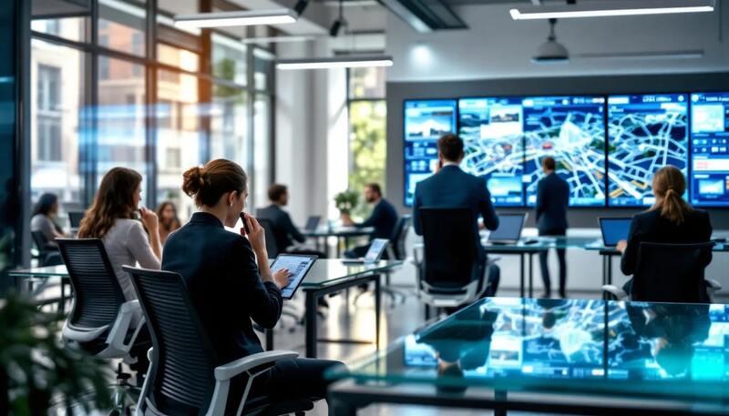 Dans un bureau moderne d'agence immobilière, plusieurs agents immobiliers sont en action, discutant et consultant des documents. L'environnement dynamique reflète l'activité du secteur immobilier, avec des clients potentiels et des projets en cours.