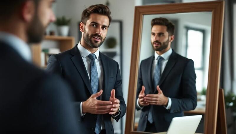 Un candidat s'entraîne à présenter son parcours professionnel devant un miroir, se préparant ainsi pour un entretien d'embauche. Il travaille sur son langage corporel et sa confiance afin de réussir lors de son rendez-vous avec le recruteur.