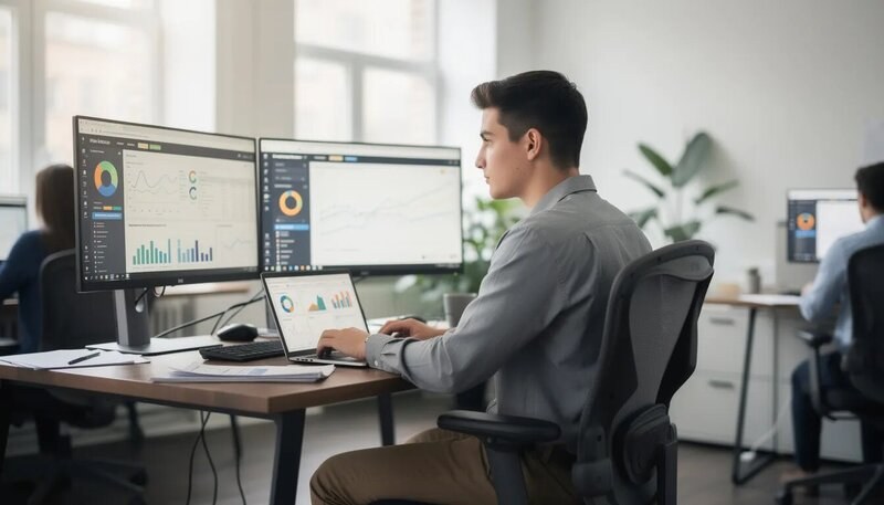 L'image représente un data analyst junior assis à un bureau, entouré de graphiques et de visualisations de données sur son ordinateur. Il travaille sur l'analyse des données et la prise de décision, illustrant son rôle essentiel dans le secteur du big data.