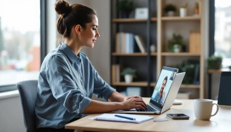 Une femme est assise devant un ordinateur, suivant une formation en ligne pour améliorer ses compétences professionnelles. Elle se concentre sur son écran, cherchant à obtenir des certifications qui boosteront son CV et renforceront son parcours sur le marché du travail.