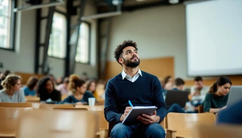 L'image montre un étudiant assis dans un amphithéâtre, attentif à un cours magistral. Il prend des notes sur son ordinateur portable, entouré d'autres camarades, illustrant ainsi la vie universitaire et l'importance de se préparer pour le marché du travail avec un bon CV, même sans expérience professionnelle.