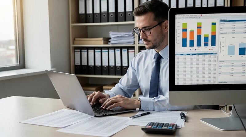 Un comptable est assis à son bureau, concentré sur son travail, entouré de documents financiers et d'outils de comptabilité. Il utilise un ordinateur pour rédiger des rapports et analyser des chiffres, illustrant ainsi les compétences requises dans le domaine de la comptabilité.</em></p> <p>