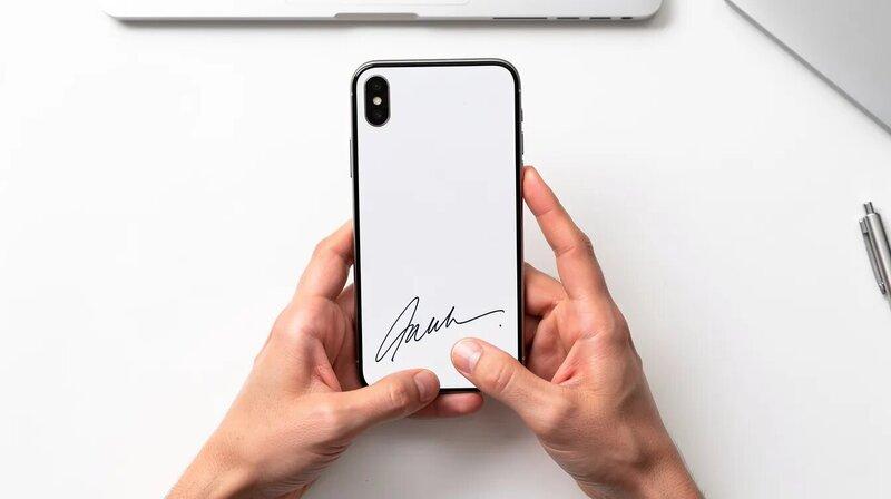 Une personne utilise un smartphone pour scanner une signature manuscrite sur un bureau blanc et épuré. Cette image illustre une démarche moderne et efficace pour la gestion de documents, pouvant être utile lors de la création d'un CV en allemand ou d'une lettre de motivation.