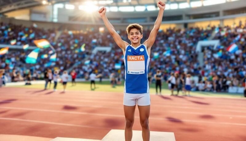 Une image illustrant une victoire lors d'un événement sportif montre un athlète levant les bras en signe de triomphe, entouré de supporters enthousiastes. Cette scène dynamique évoque la passion et l'effort, des éléments souvent mis en avant dans les rubriques de centres d'intérêt sur un CV.